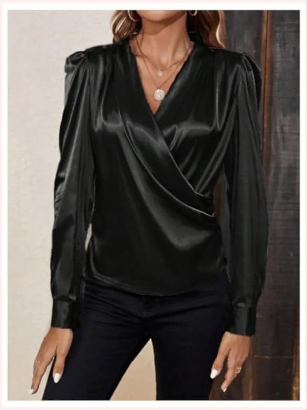 Women's Satin Silk V-Neck Wrap Blouse Long Sleeve Puff Sleeve Office Top - Picture 6 of 6